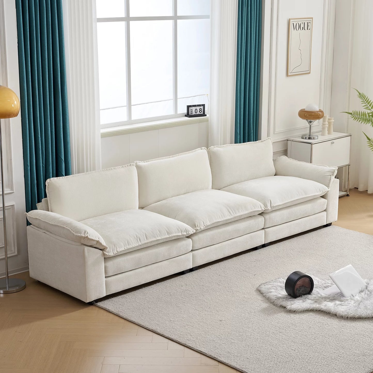 Sofá Seccional En Forma De L Con Chaise, Juego De Sala Con Cama, 3 Asientos Con Chenilla Y Cojines De Doble Capa 120" De Ancho Beige