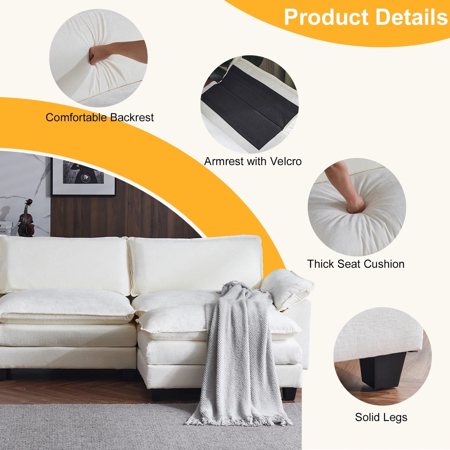 Sofá Seccional En Forma De L Con Chaise, Juego De Sala Con Cama, 3 Asientos Con Chenilla Y Cojines De Doble Capa 120" De Ancho Beige