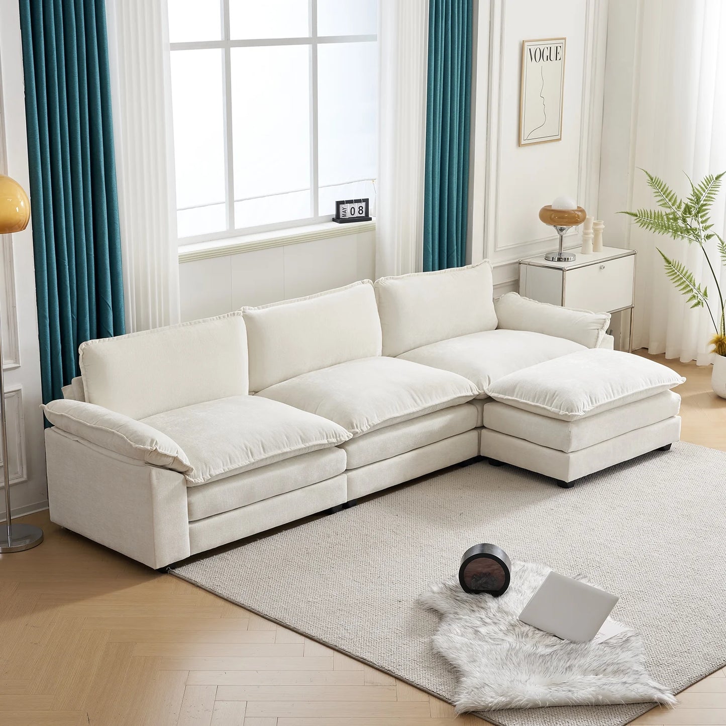 Sofá Seccional En Forma De L Con Chaise, Juego De Sala Con Cama, 3 Asientos Con Chenilla Y Cojines De Doble Capa 120" De Ancho Beige