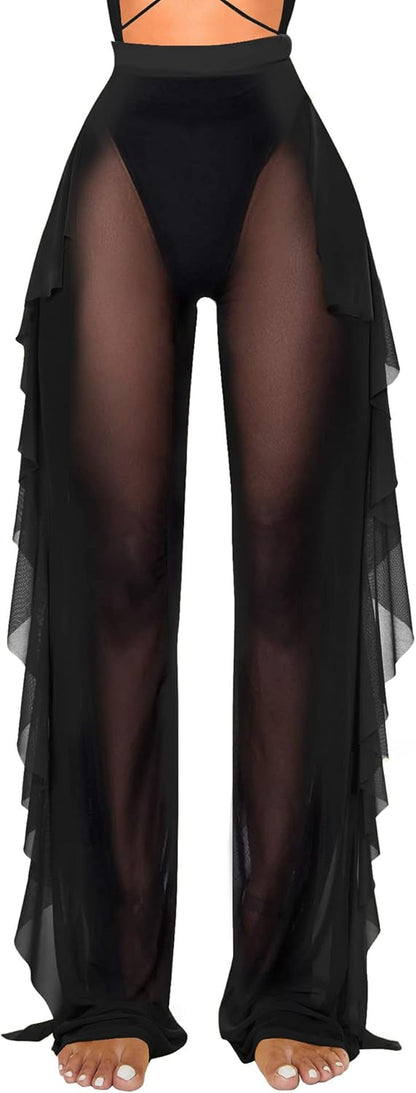 Women'S Ruffle Sheer Mesh Swimwear Bikini Cover up Pants See Through