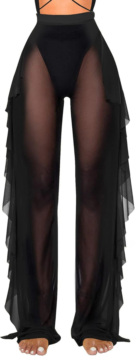 Women'S Ruffle Sheer Mesh Swimwear Bikini Cover up Pants See Through