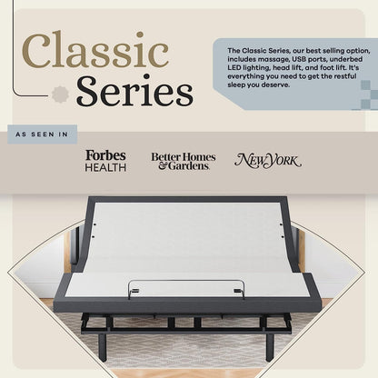 King Adjustable Bed Base Frame 5 Minute Assembly, Head & Foot Articulation, USB Ports, Zero Gravity, Interactive Dual Massage, Wireless, Classic (King)