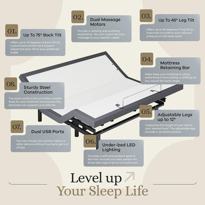 King Adjustable Bed Base Frame 5 Minute Assembly, Head & Foot Articulation, USB Ports, Zero Gravity, Interactive Dual Massage, Wireless, Classic (King)