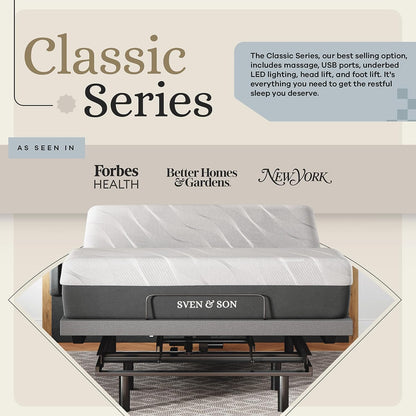 Queen Adjustable Bed Base Frame + 10” Luxury Cool Gel Memory Foam Mattress, Head up Foot Up, USB Ports, Zero Gravity, Interactive Dual Massage, Wireless, Classic (Queen)