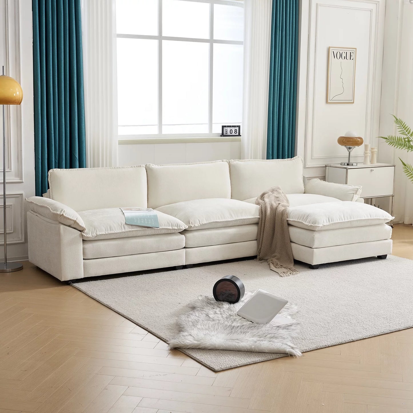 Sofá Seccional En Forma De L Con Chaise, Juego De Sala Con Cama, 3 Asientos Con Chenilla Y Cojines De Doble Capa 120" De Ancho Beige