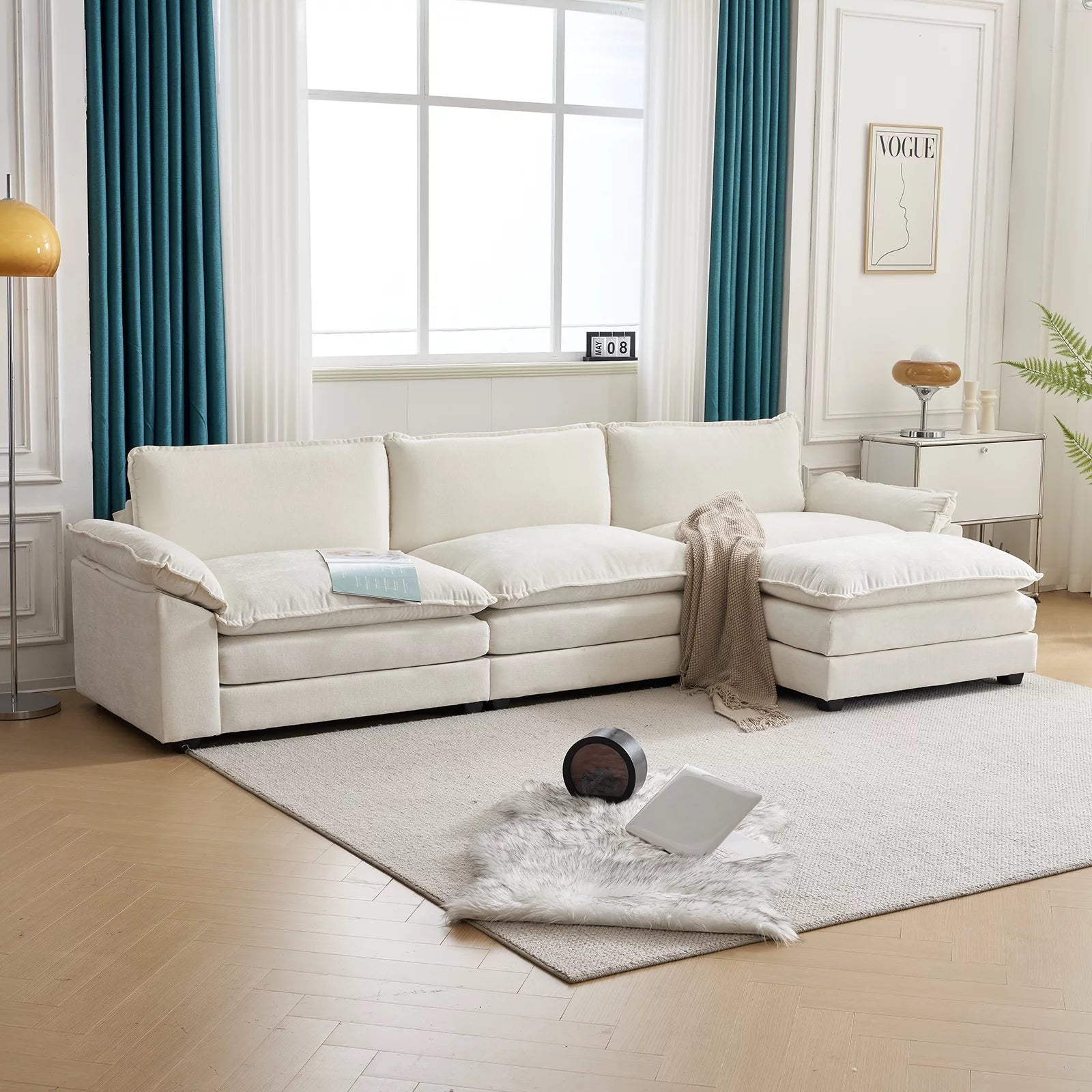 Sofá Seccional En Forma De L Con Chaise, Juego De Sala Con Cama, 3 Asientos Con Chenilla Y Cojines De Doble Capa 120" De Ancho Beige