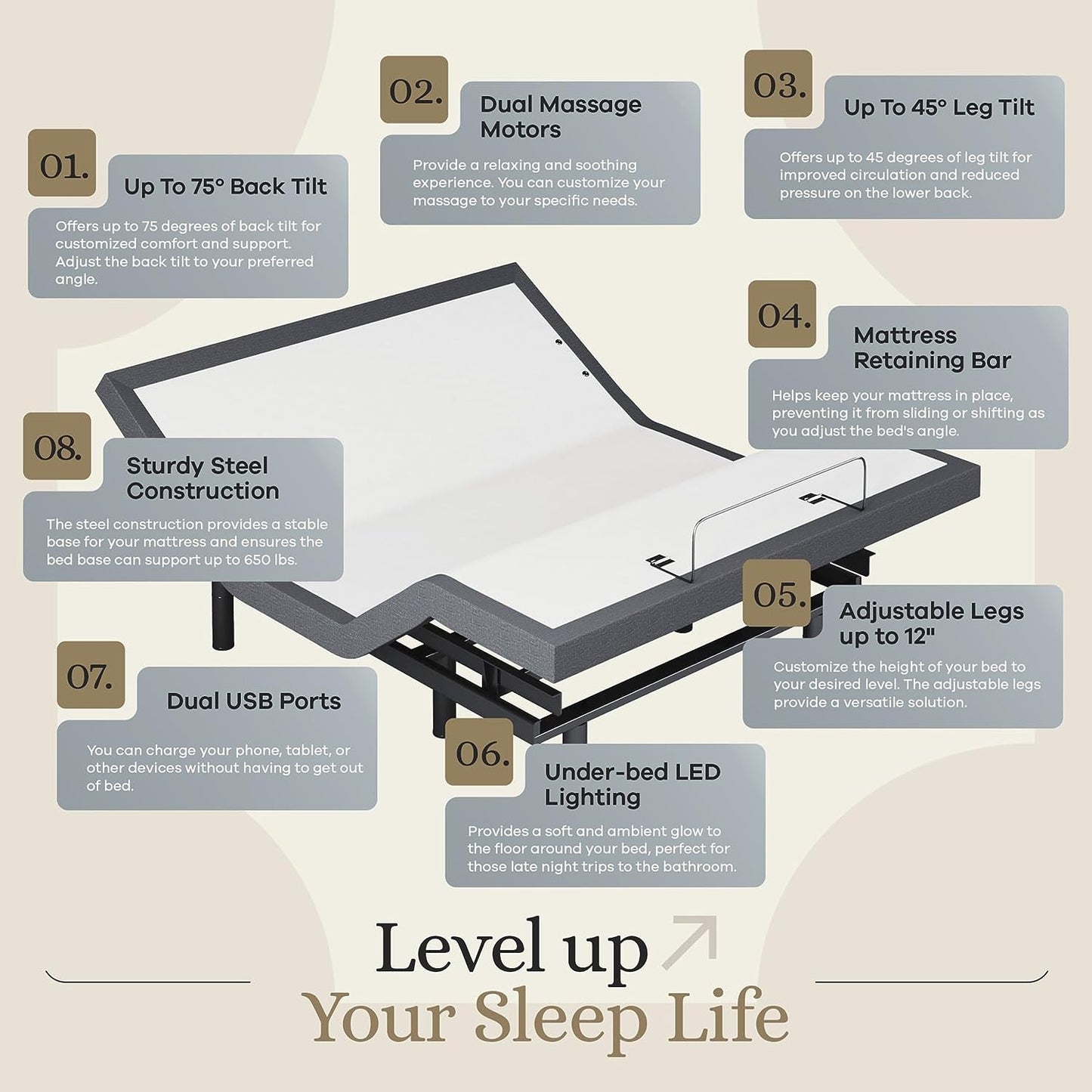 Queen Adjustable Bed Base Frame + 10” Luxury Cool Gel Memory Foam Mattress, Head up Foot Up, USB Ports, Zero Gravity, Interactive Dual Massage, Wireless, Classic (Queen)