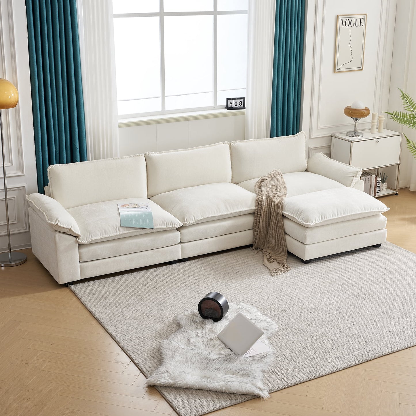 Sofá Seccional En Forma De L Con Chaise, Juego De Sala Con Cama, 3 Asientos Con Chenilla Y Cojines De Doble Capa 120" De Ancho Beige