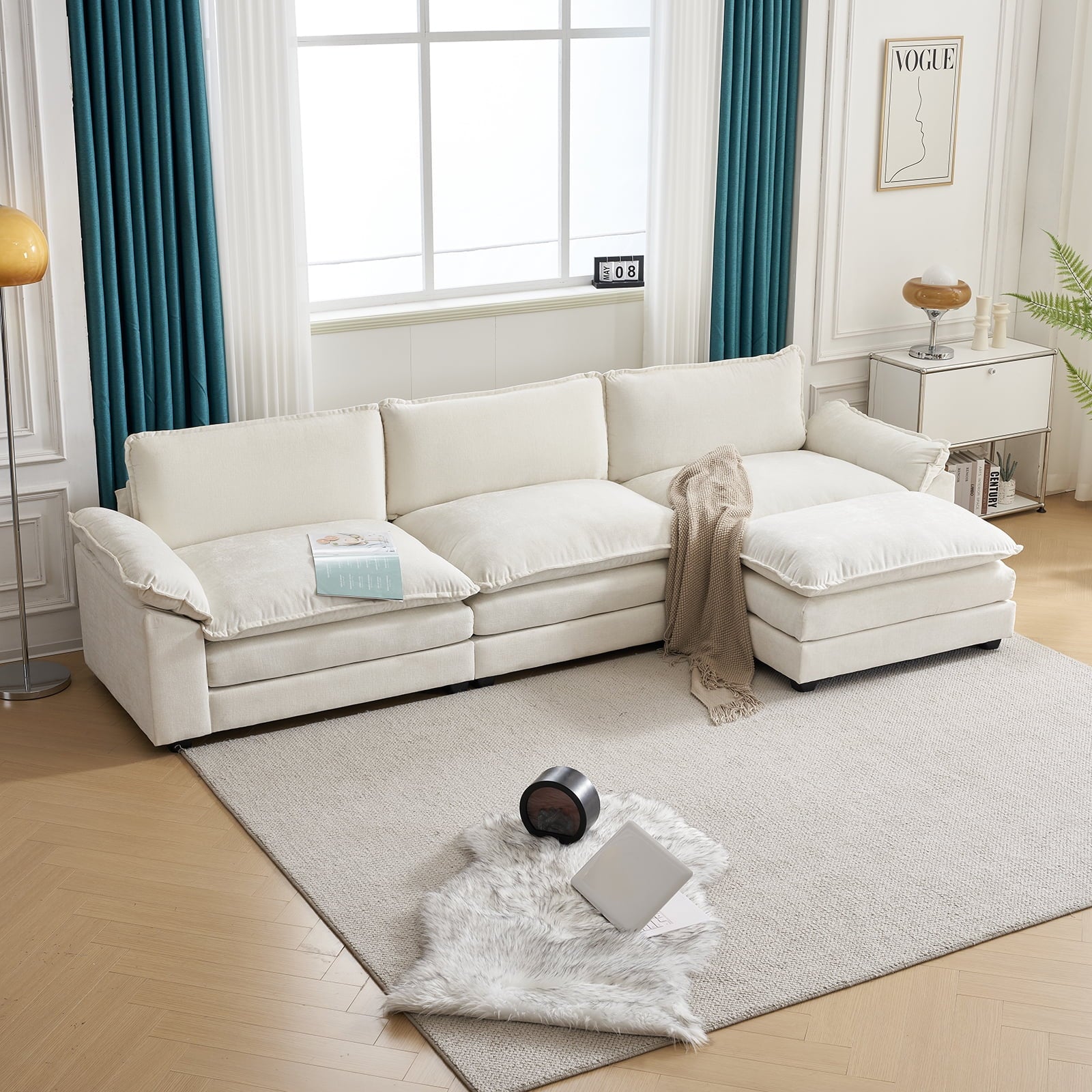 Sofá Seccional En Forma De L Con Chaise, Juego De Sala Con Cama, 3 Asientos Con Chenilla Y Cojines De Doble Capa 120" De Ancho Beige
